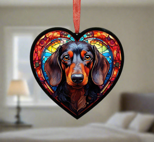 Dachshund Black Stained Glass Effect Heart Suncatcher